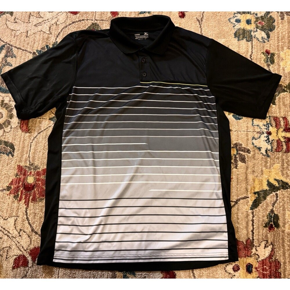 MIZUNO Men's Black - Gray Striped Short Sleeve Golf Polo Shirt Button Down M